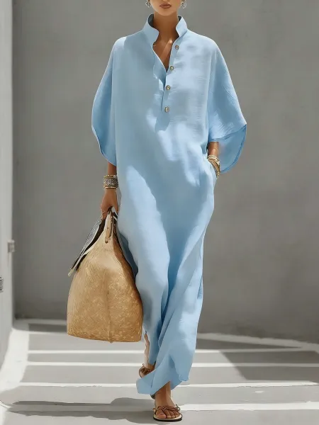 Design Wide-Sleeve Mandarin Collar Jumpsuit Burgundy Dress - 5