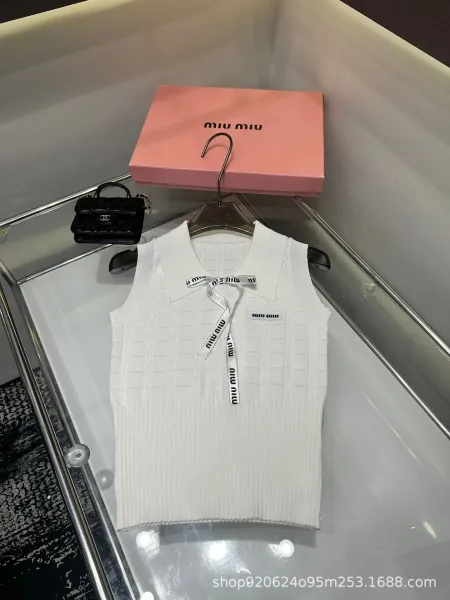 Miu Miu Knit Vest Top with Logo Ribbon White Vest-Top - 1