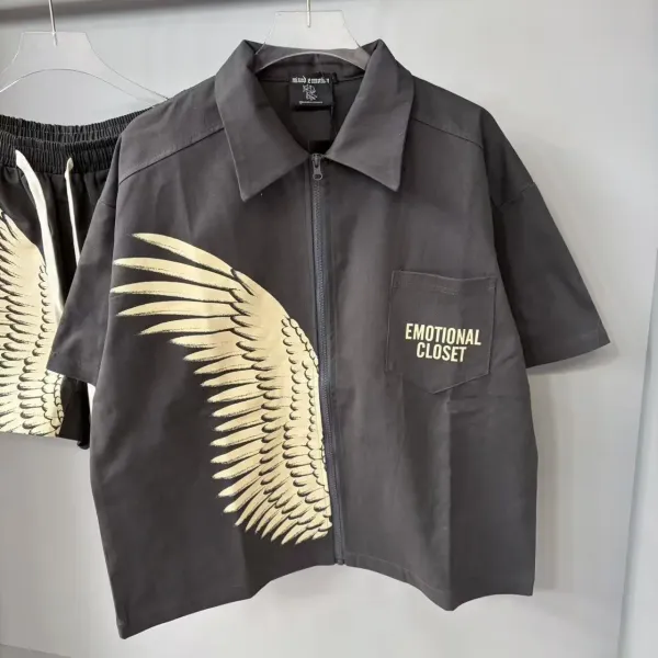Design Mixed Emotion Wing Print Zip-Up Shirt Gray Shirt - 1
