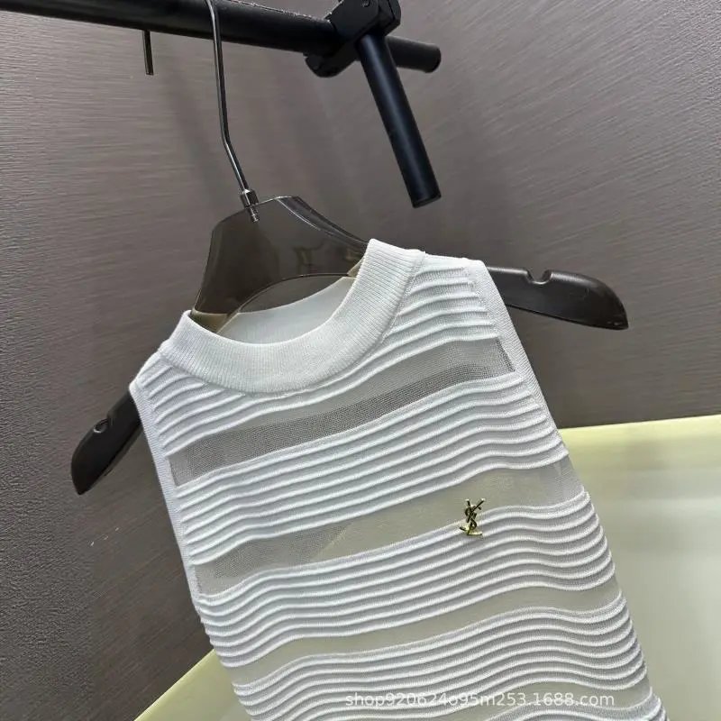 YSL Knit Sleeveless White Striped Sheer Dress