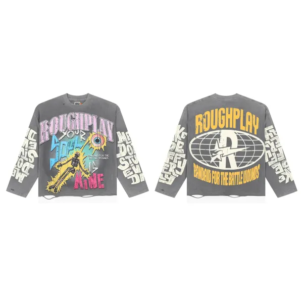 Design Roughplay Bandaid For The Battle Wounds Long Sleeve Graphic Tee Gray T-Shirts - 1