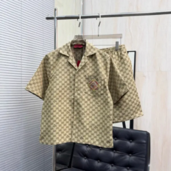 Gucci GG Monogram Print Short-Sleeve Shirt and Shorts Set Beige - 1
