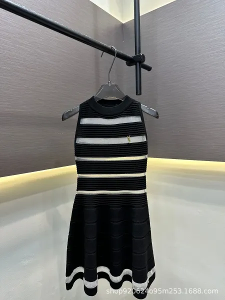 Saint Laurent Striped Knit Dress Black and Silver - 1