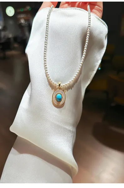 Design Pearl Necklace with Turquoise and Mother-of-Pearl Pendant Gold-Tone Jewelry - 7