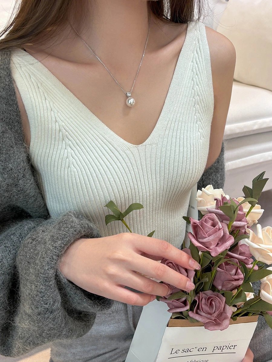 Design Pearl and Diamond Pendant Necklace Silver Jewelry - 9