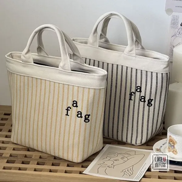 Design Striped Canvas Tote Bag with Embroidered 'a fag' Logo - 8