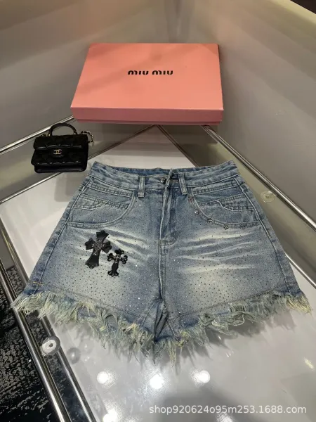 Miu Miu Distressed Denim Shorts with Crystal Cross Embroidery Light Blue Jeans - 3