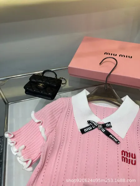 Miu Miu Knit Polo Dress Pink with Ruffled Trim - 5