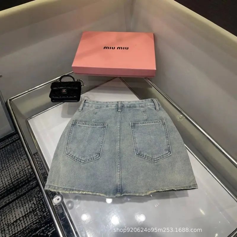 Miu Miu Denim Skirt Light Blue Cross-Embellished Mini Skirt