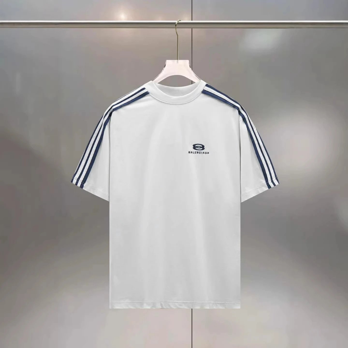 Balenciaga Logo Stripe Navy White Grey Purple Casual T-Shirt