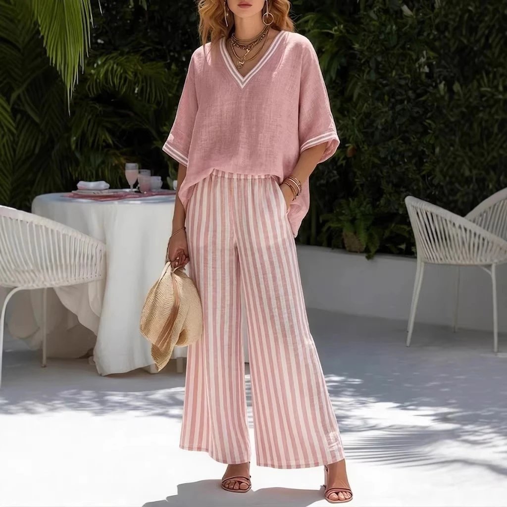 Pink Linen V-Neck Top And Striped Wide Leg Pants Set