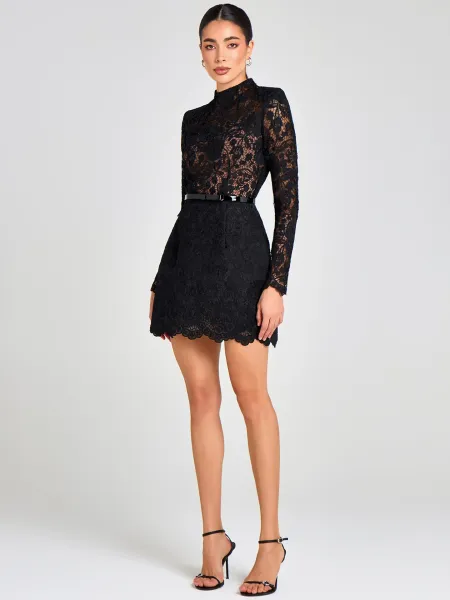 Design Floral Lace High-Neck Mini Dress Pink - 20