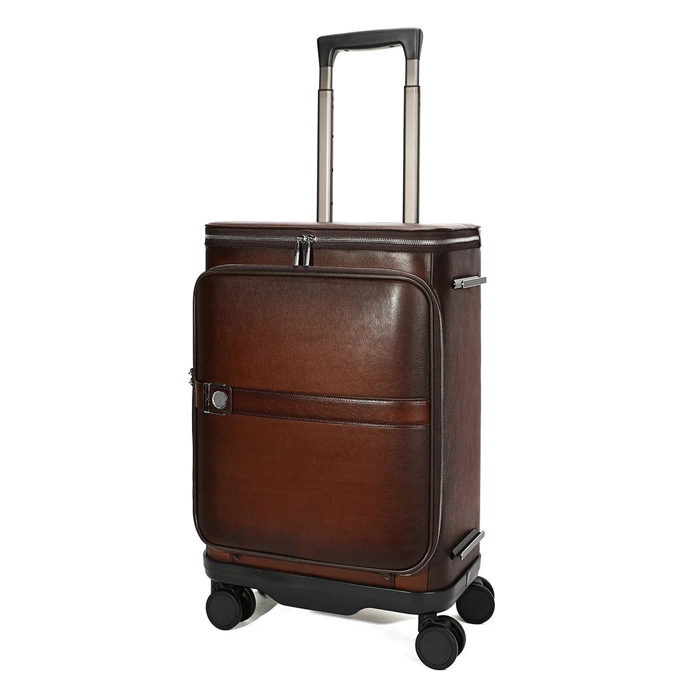Design Leather Rolling Carry-On Suitcase Brown