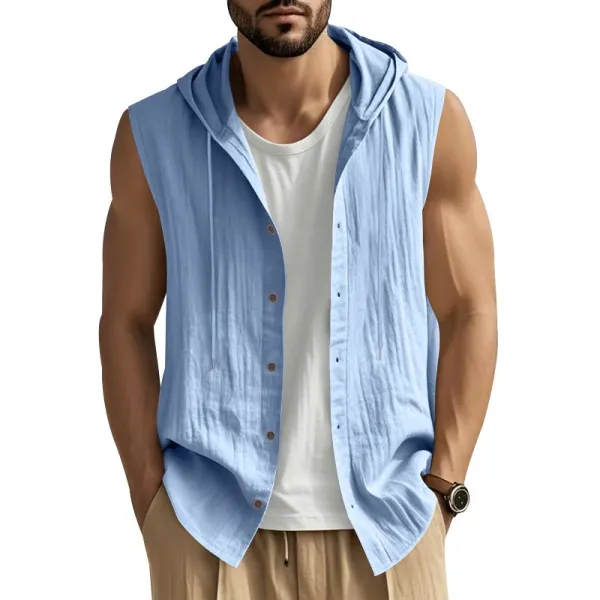 Design Sleeveless Hooded Button-Up Shirt White Tops - 24