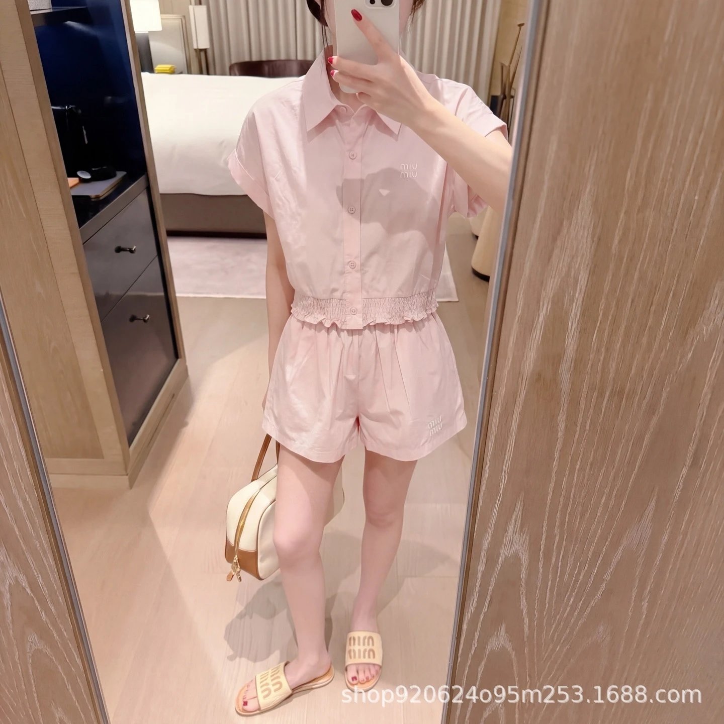 Miu Miu Logo-Embroidered White Shirt and Shorts Set - 5