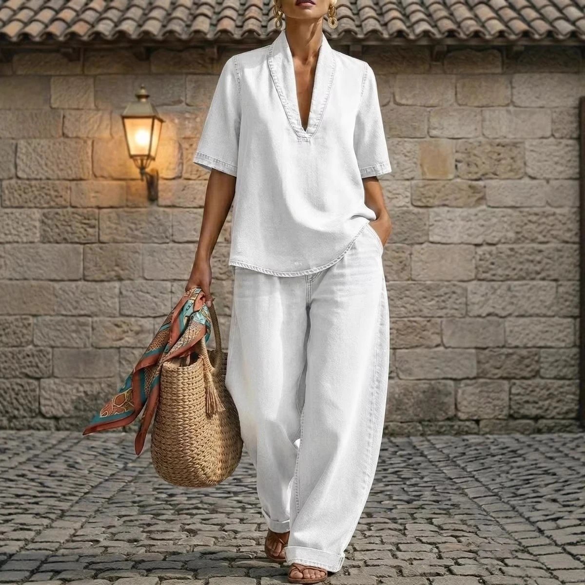 Denim V-Neck Short Sleeve Top And Wide Leg Pants Set Blue Casual