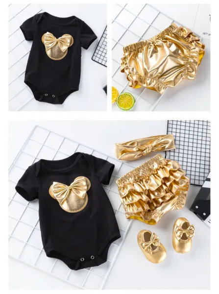 Design Minnie Mouse Leopard Print 'My 1st Birthday' White Bodysuit Set with Gold Ruffled Shorts, Headband and Shoes Sets - 17