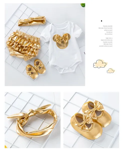 Design Minnie Mouse Leopard Print 'My 1st Birthday' White Bodysuit Set with Gold Ruffled Shorts, Headband and Shoes Sets - 19