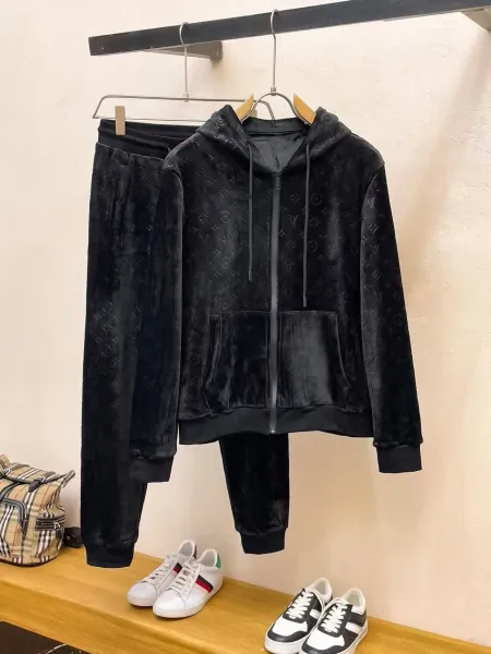 Louis Vuitton Monogram Velvet Hoodie and Sweatpants Set Black - 1