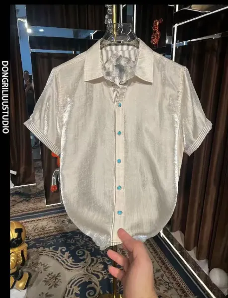 Design Short-Sleeve Linen-Blend Shirt Beige Tops.shirt - 5