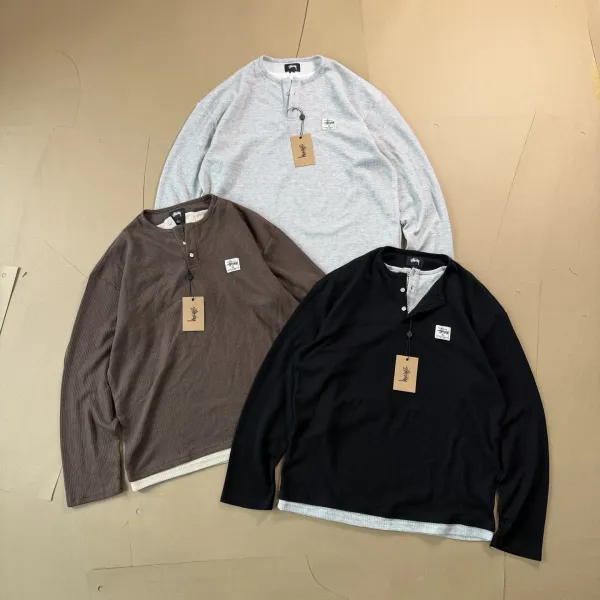 Stussy Ribbed Henley Long Sleeve Shirt Brown - 11