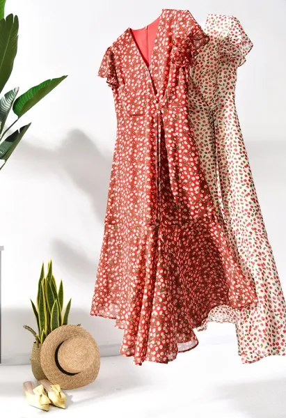 Design Red Floral Wrap Maxi Dress with Ruffle Sleeves Dress - 4