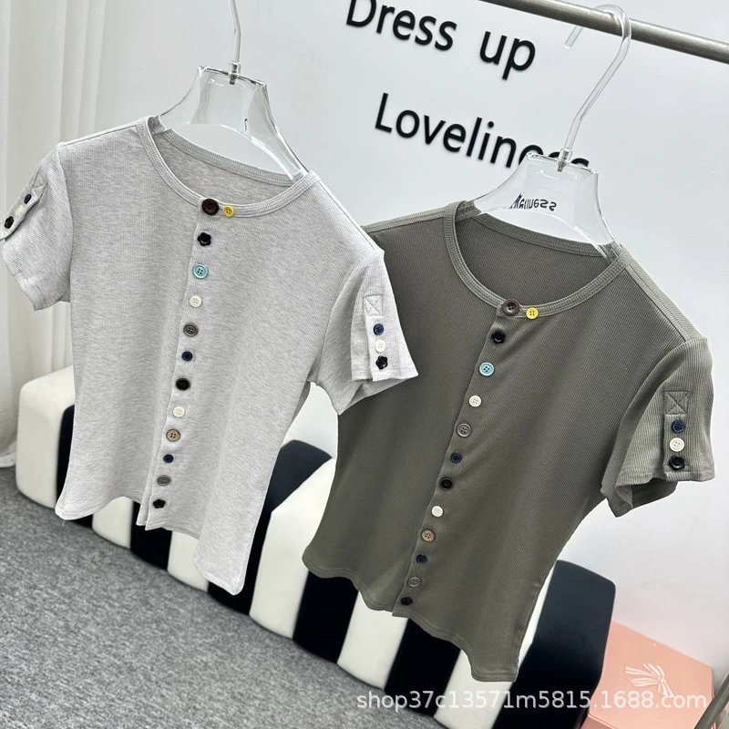 Button-Front Ribbed Knit Top Gray Olive Casual Short Sleeve T-Shirt