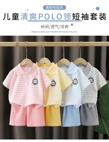 Design Striped Polo Shirt and Gray Shorts Set Kids - 3