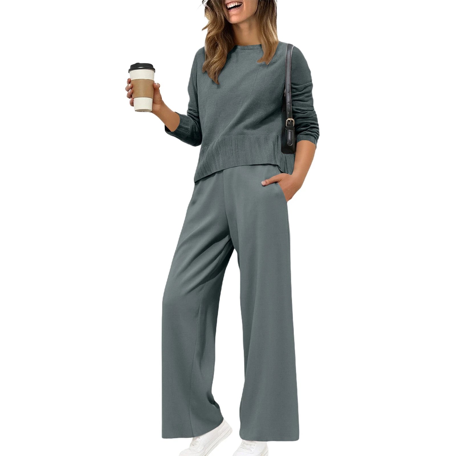 Design Black Knit Top and Wide-Leg Pants Set - 17
