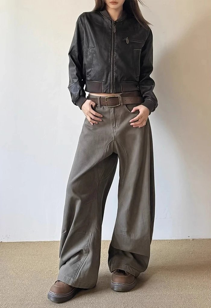 Design Cropped Leather Jacket Black + Wide-Leg Cargo Pants Olive Green + Chunky Loafers Brown - 6