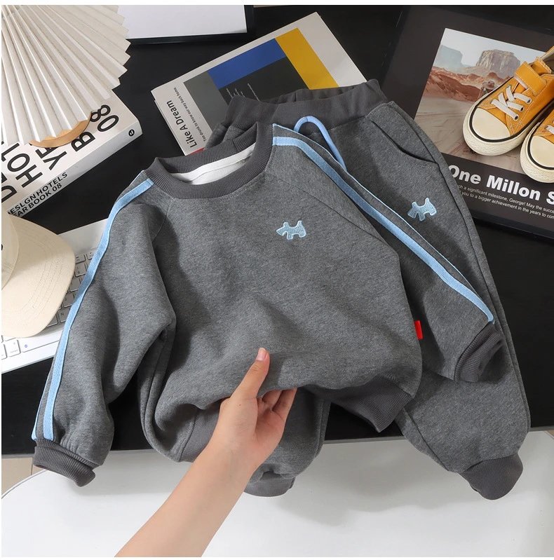 Design Kids' Embroidered Dog Sweatshirt and Jogger Set Gray with Light Blue Trim - 14