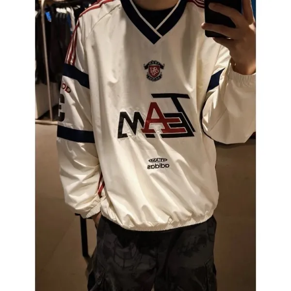 Adidas Originals TEA Windbreaker Cream with Navy and Red Stripes - 4
