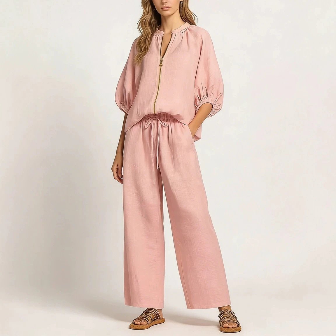 Light Blue Linen Blend Zip-Front Blouse And Wide-Leg Pants Set