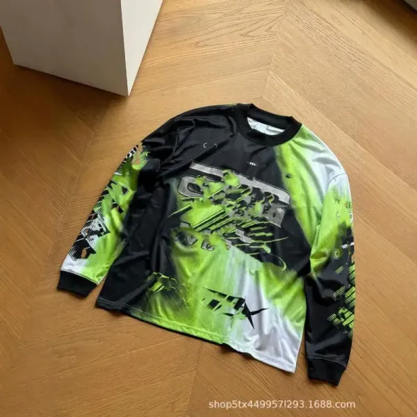 Design Long Sleeve Graphic Tee Neon Green Black White T-Shirts - 1