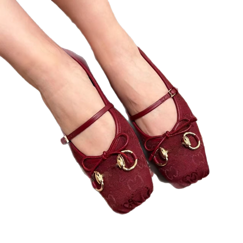 Gucci Marmont Beige Monogram Crystal Bow Ballet Flats