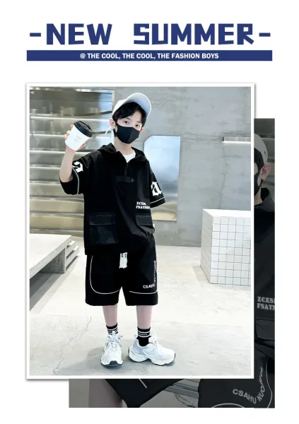 Design Short-Sleeve Hooded Jacket and Shorts Set Black Streetwear Outfit - 3
