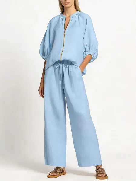 Design Denim Zip-Front Blouse and Wide-Leg Drawstring Pants Set Navy - 15