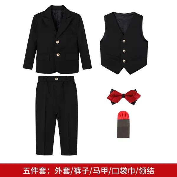 Design Formal Five-Piece Suit Set Black with Red Bow Tie - 1