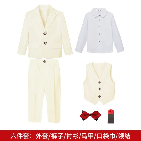 Design Children's Formal Six-Piece Suit Set in Ivory with White Shirt and Red Bow Tie - 1