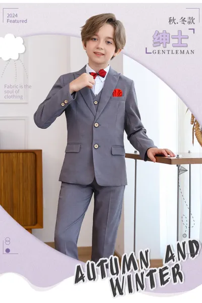 Design Six-Piece Formal Suit Set Gray with White Shirt and Red Bow Tie - 3