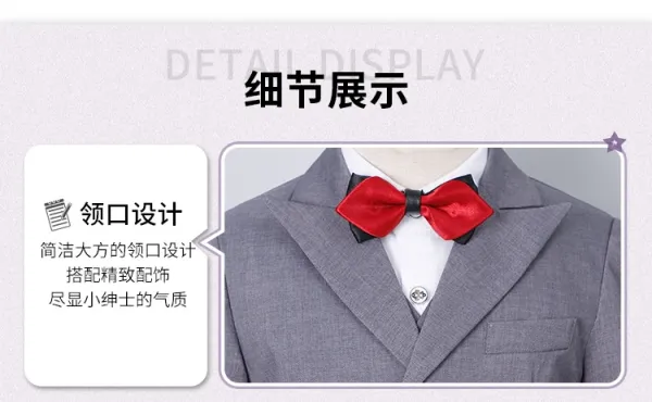 Design Six-Piece Formal Suit Set Gray with White Shirt and Red Bow Tie - 10