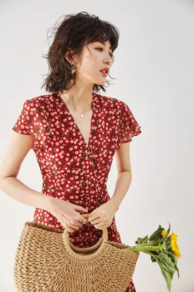 Design Red Floral Wrap Maxi Dress with Ruffle Sleeves Dress - 23