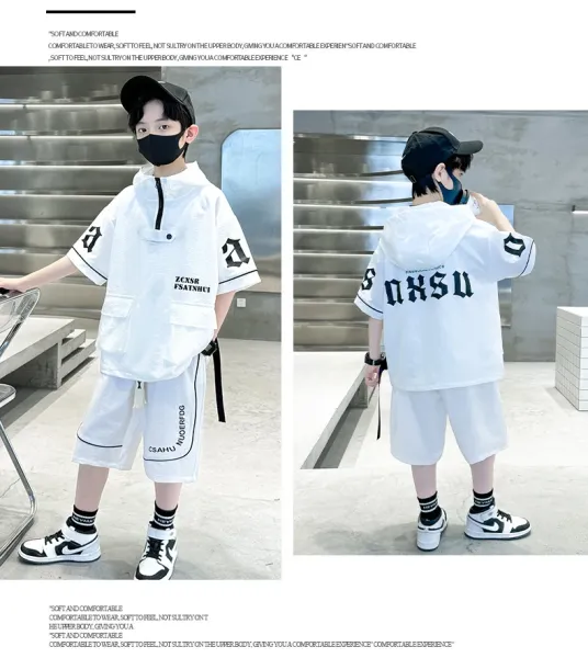 Design Short-Sleeve Hooded Jacket and Shorts Set Black Streetwear Outfit - 21
