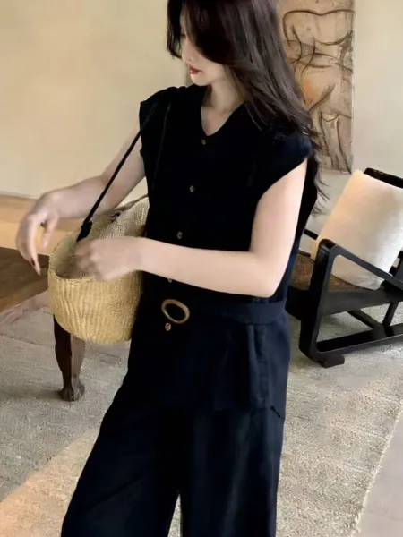 Design Sleeveless Shirt and Wide-Leg Pants Set Navy - 5