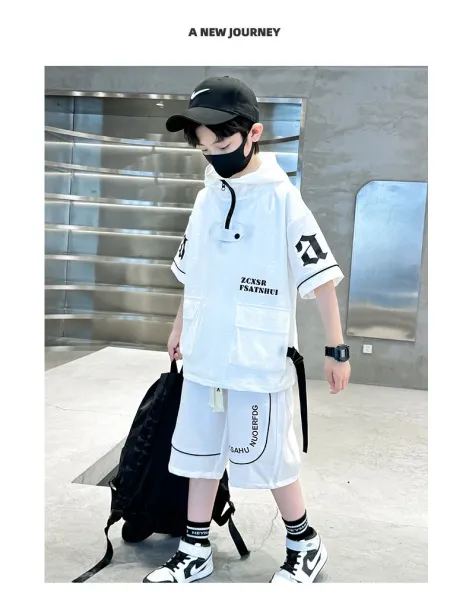 Design Short-Sleeve Hooded Jacket and Shorts Set Black Streetwear Outfit - 26
