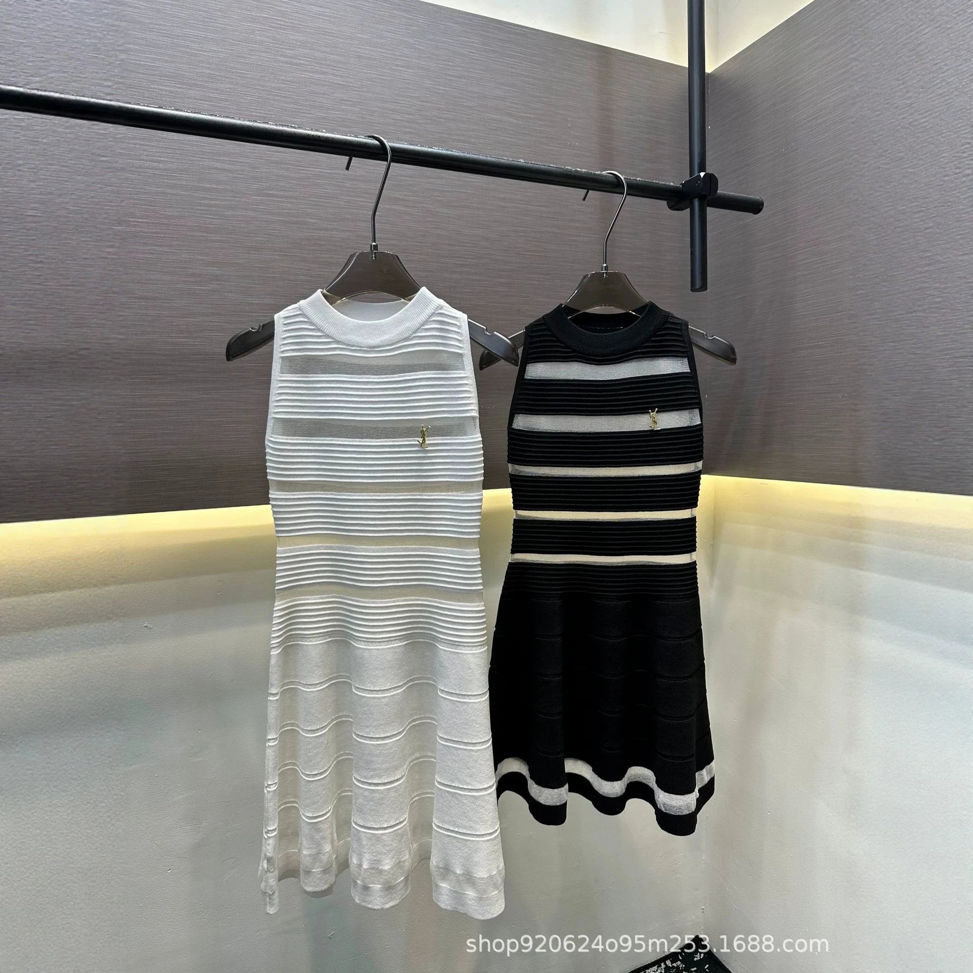 YSL Knit Sleeveless White Striped Sheer Dress