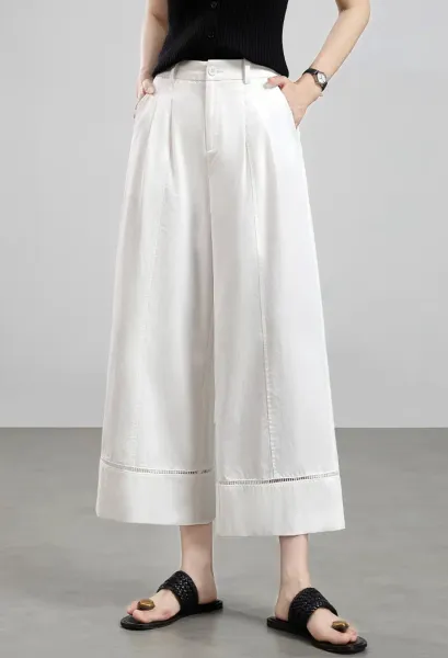 Design Wide-Leg Cropped Pants with Contrast Stitching Black - 10