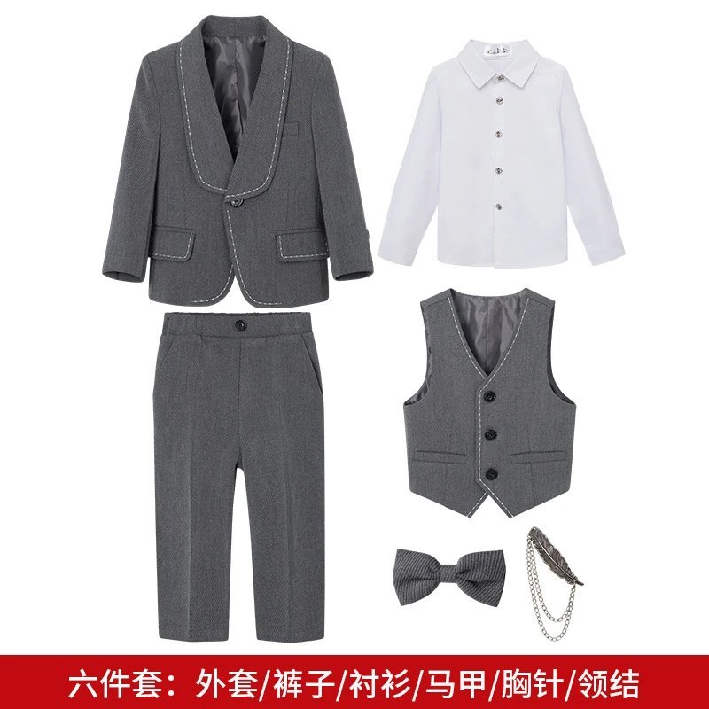 灰色6件套（衬衫+外套+马甲+长裤+领结+胸针）