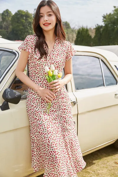Design Red Floral Wrap Maxi Dress with Ruffle Sleeves Dress - 29