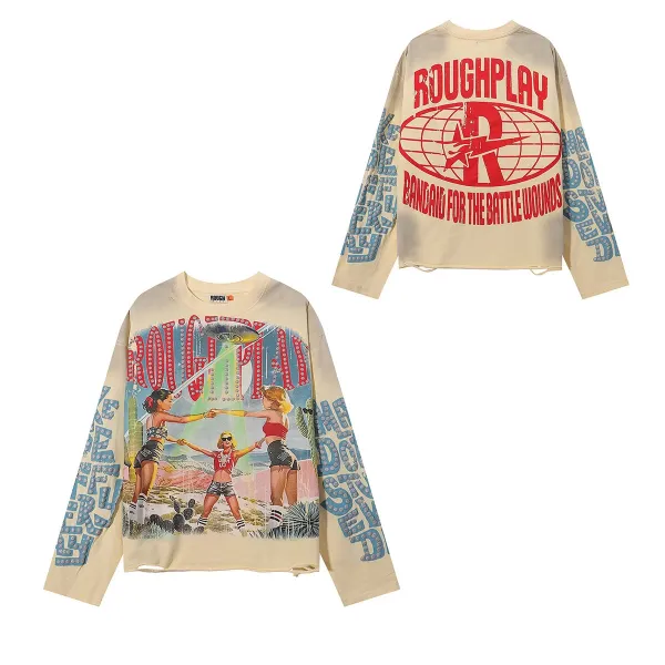 Design Roughplay Bandaid For The Battle Wounds Graphic Long-Sleeve T-Shirt Beige T-Shirts - 1